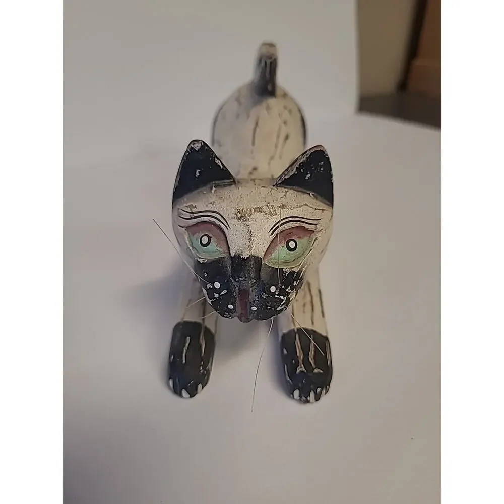 Siamese Cat Wooden Figurine Statue Green Eyes Stretching Animal Table Decoration